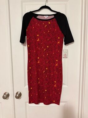 LuLaRoe Red Rose-Print Raglan Midi Dress with Black Sleeves